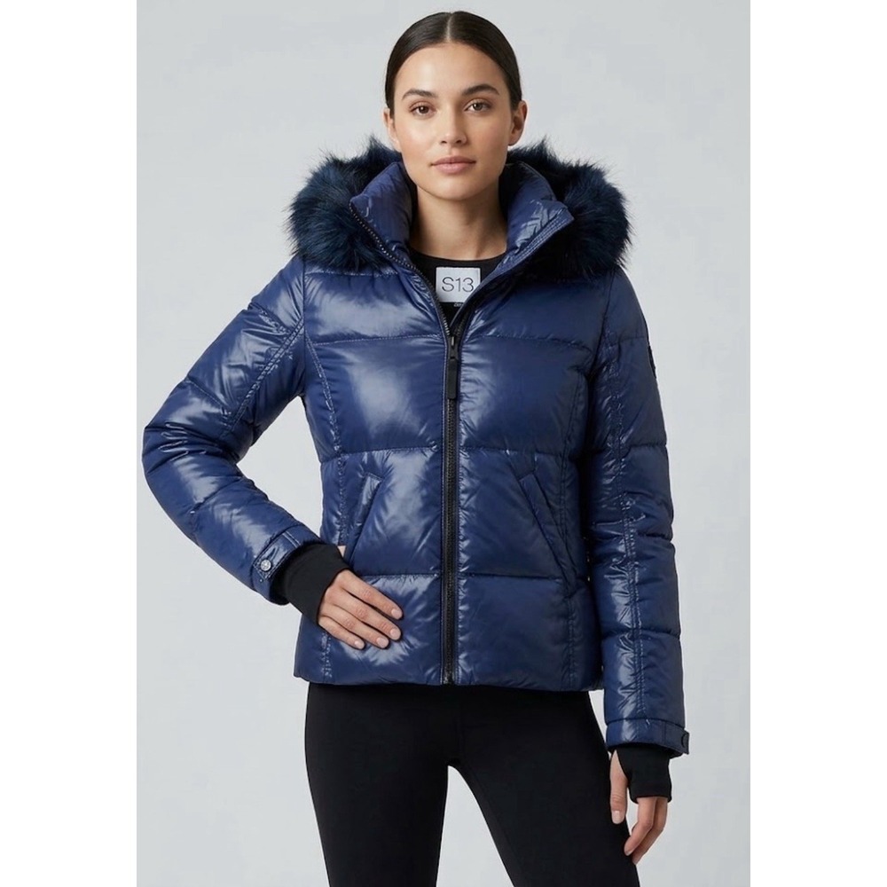 S13 New York Womens Blue Glossy Down Puffer Jacket Faux Fur Hooded Coat Size M